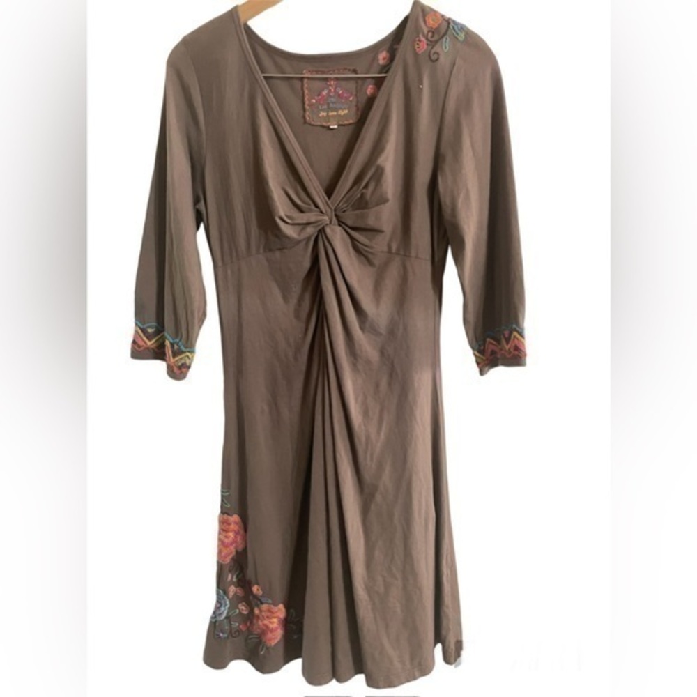 Johnny Was Brown Twist-Front Dress with Floral Embroidery